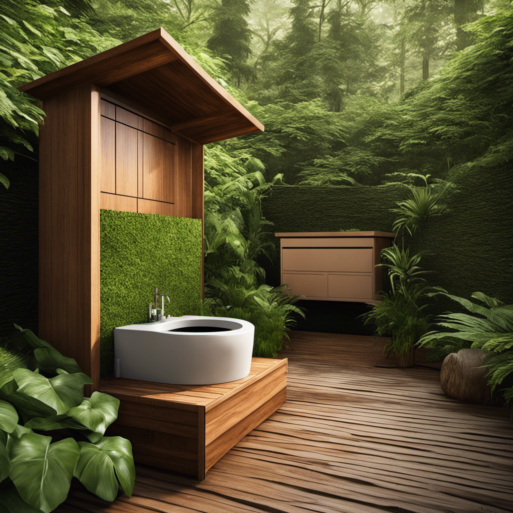 An image showcasing a serene, outdoor bathroom scene featuring a rustic, eco-friendly composting toilet nestled amidst lush greenery
