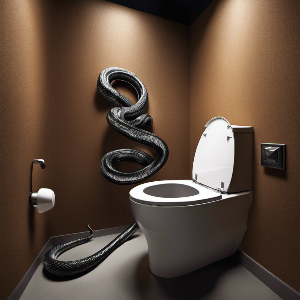An image showcasing a hand holding a drain snake, effortlessly sliding it into a toilet bowl