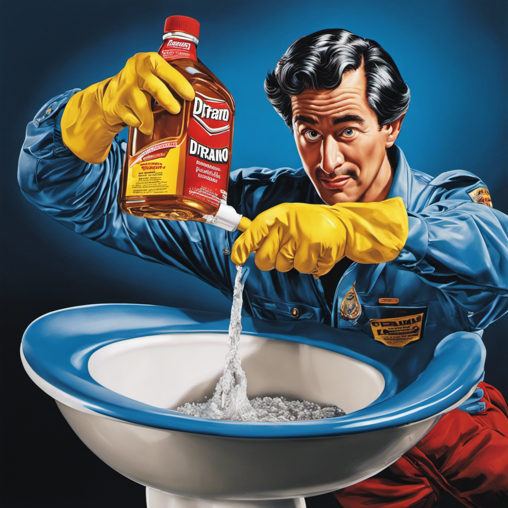 An image that showcases a person wearing gloves and pouring a bottle of Drano into a clogged toilet bowl