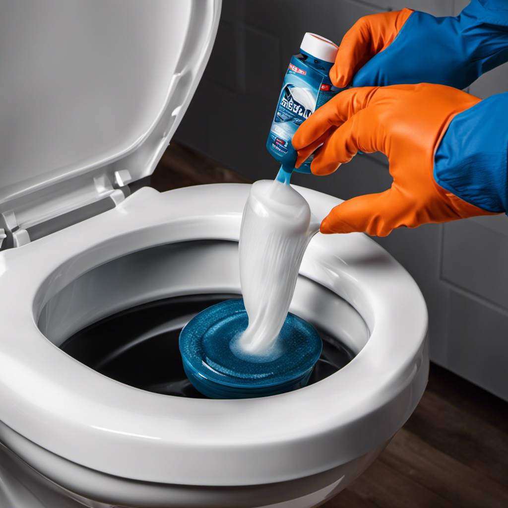 An image showcasing a close-up view of a gloved hand pouring Drano Max Gel into a toilet bowl, with the gel visibly dissolving stubborn clogs, while steam rises, revealing a clean and unclogged toilet