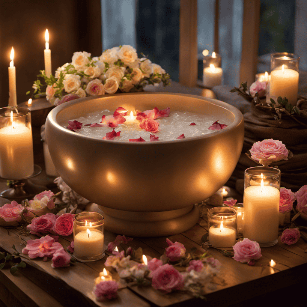 An image depicting a serene foot soak scene: A glass bowl filled with warm water, adorned with fragrant flowers and Epsom salts, as feet rest in the soothing solution, surrounded by soft towels and flickering candles