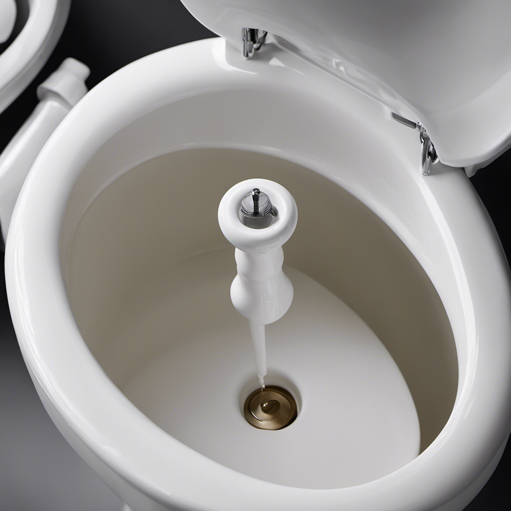An image that showcases a close-up of a plunger's rubber suction cup fitting snugly over the drain hole of a white porcelain toilet, with a person's hands gripping the handle firmly, ready to plunge