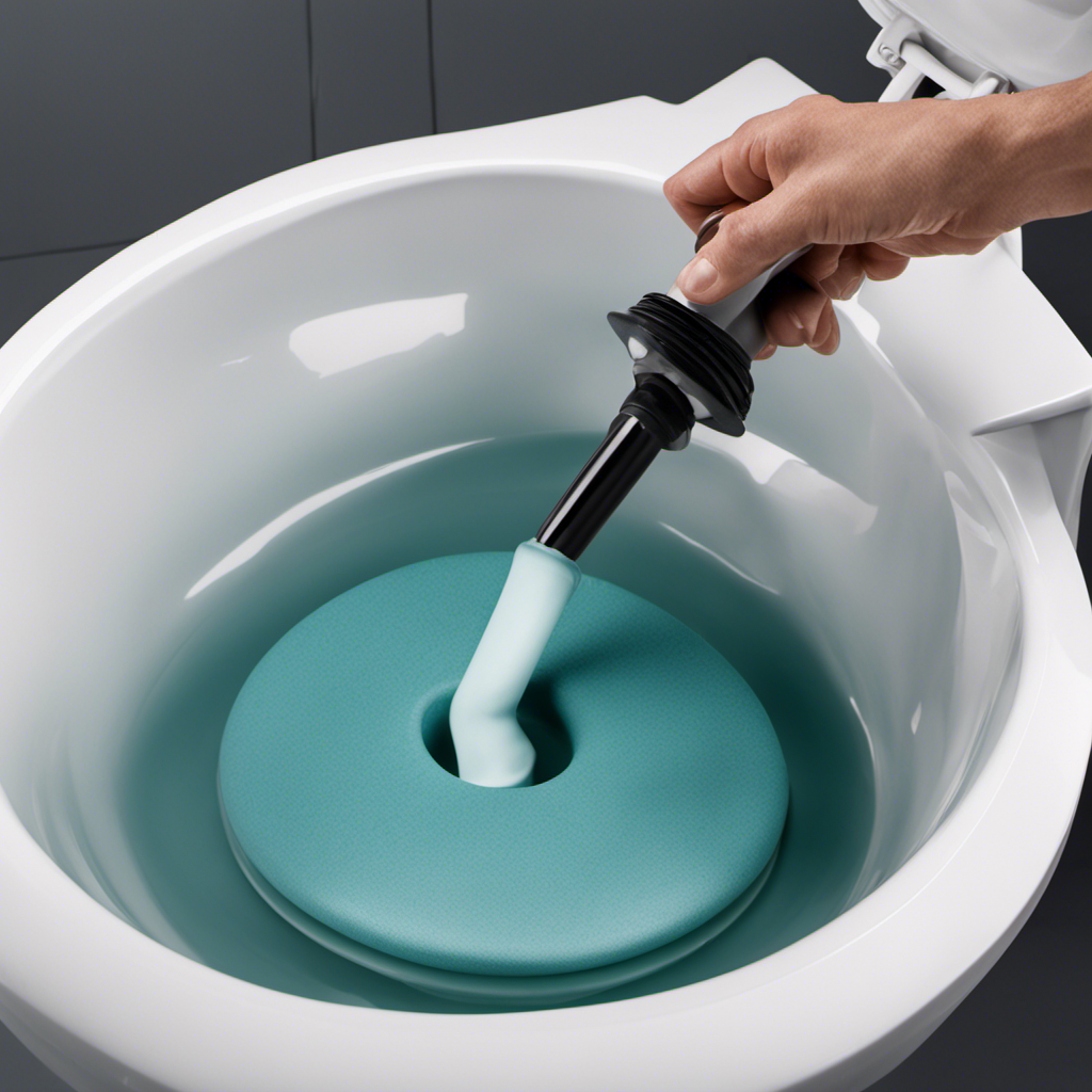 An image capturing a close-up view of a plunger submerged in a toilet bowl, with the user's hands gripping the handle firmly, showcasing the correct technique for using a plunger to unclog a toilet