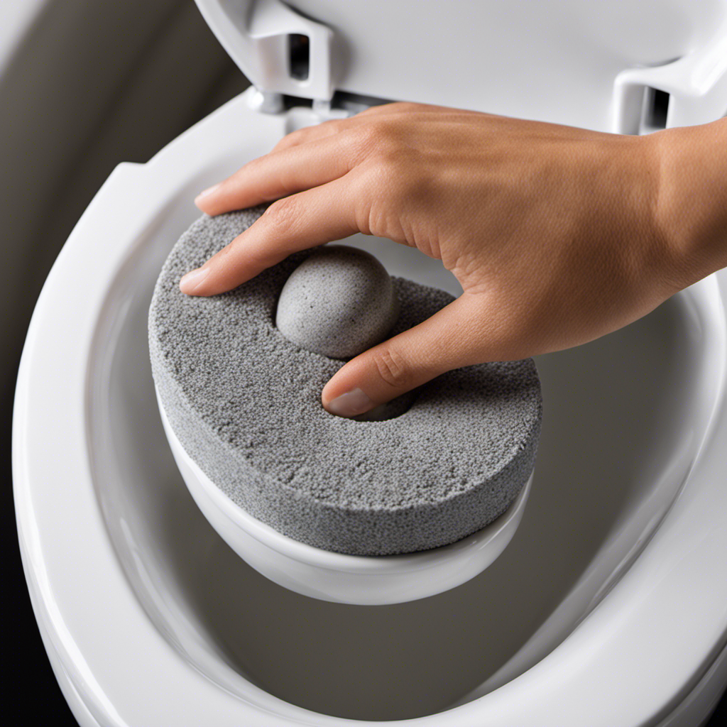 An image showcasing a hand holding a moistened pumice stone gently scrubbing the inner rim of a toilet bowl, effectively removing stubborn mineral deposits