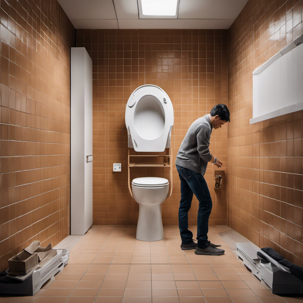An image depicting a step-by-step guide on using a squat toilet: A person standing in front of a squat toilet, bending their knees, placing their feet on the designated footprints, and demonstrating proper posture