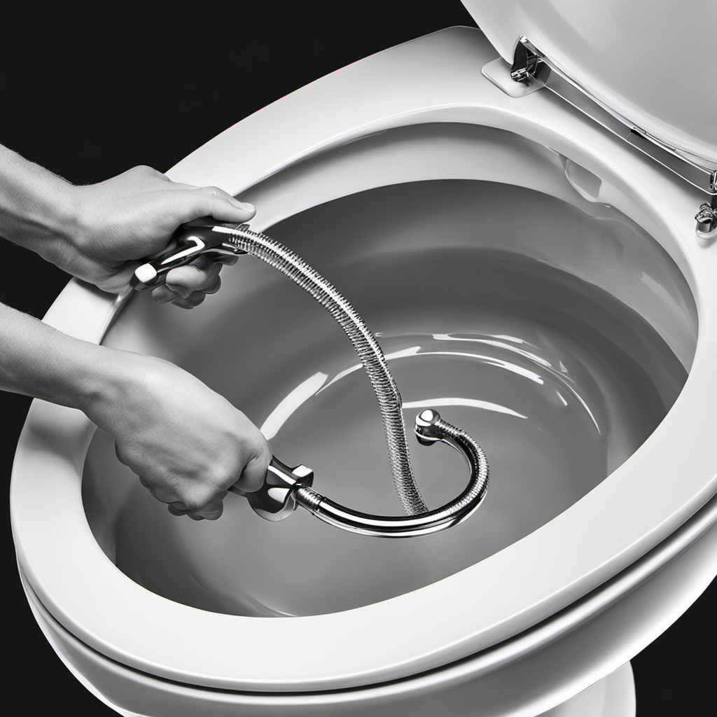 An image showcasing a pair of hands holding a toilet auger, with the tool inserted into a toilet bowl