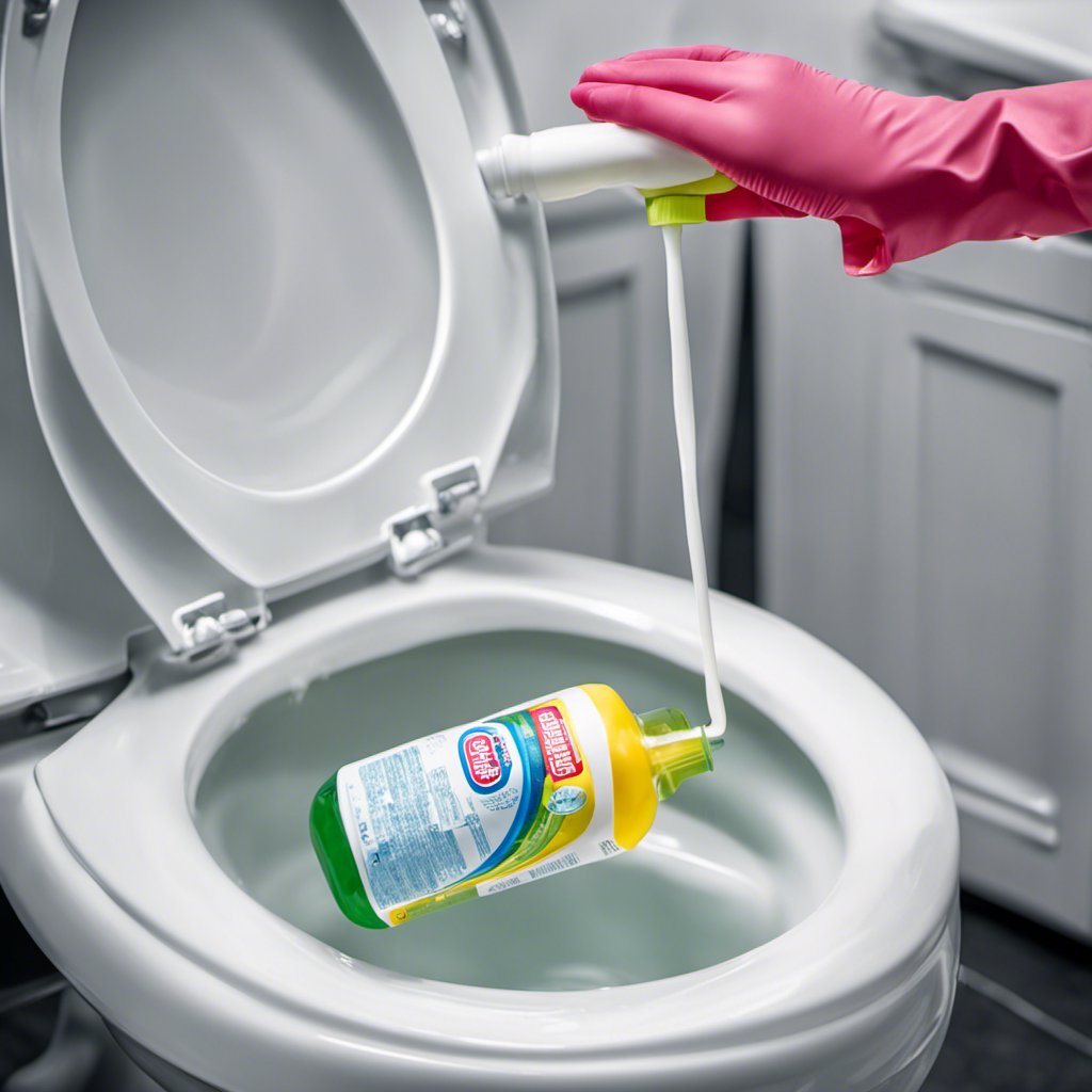 An image showcasing a gloved hand holding a bottle of toilet bowl cleaner, while effortlessly applying the liquid onto the inside of a sparkling white toilet bowl