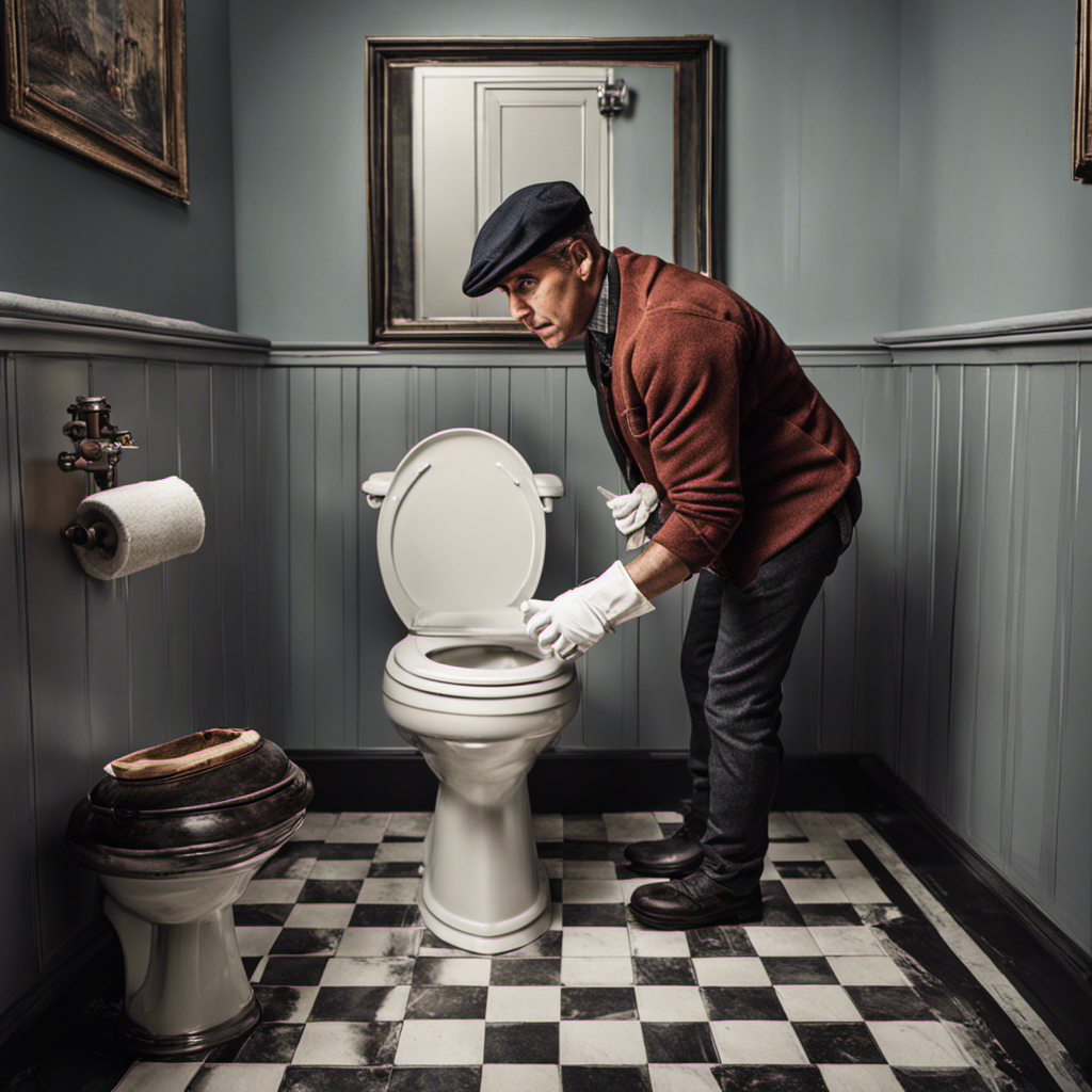 An image showcasing a person wearing gloves, standing in a bathroom with a clogged toilet