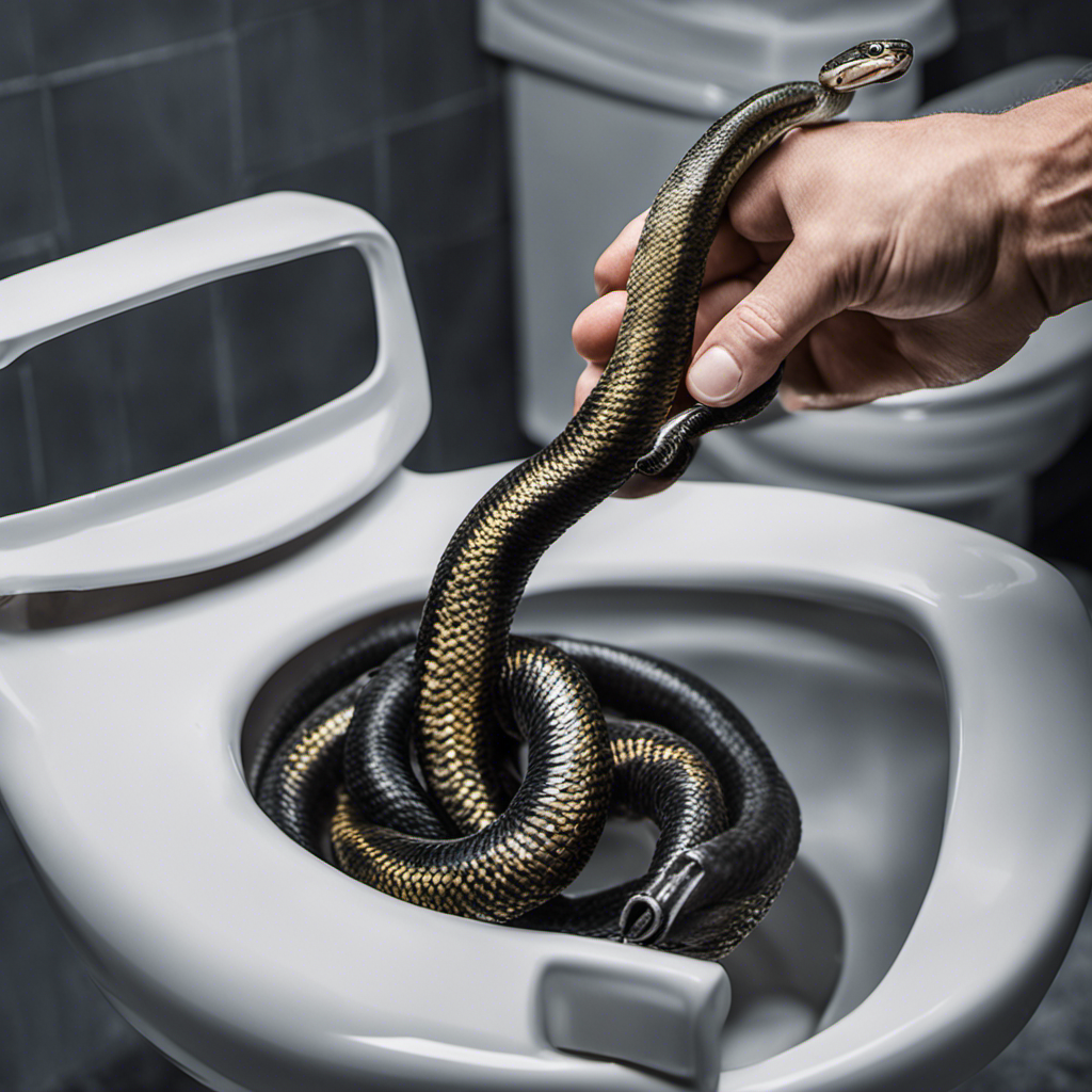 An image showcasing a close-up view of a gloved hand firmly holding a toilet snake, its coiled metal wire extending into a clogged toilet