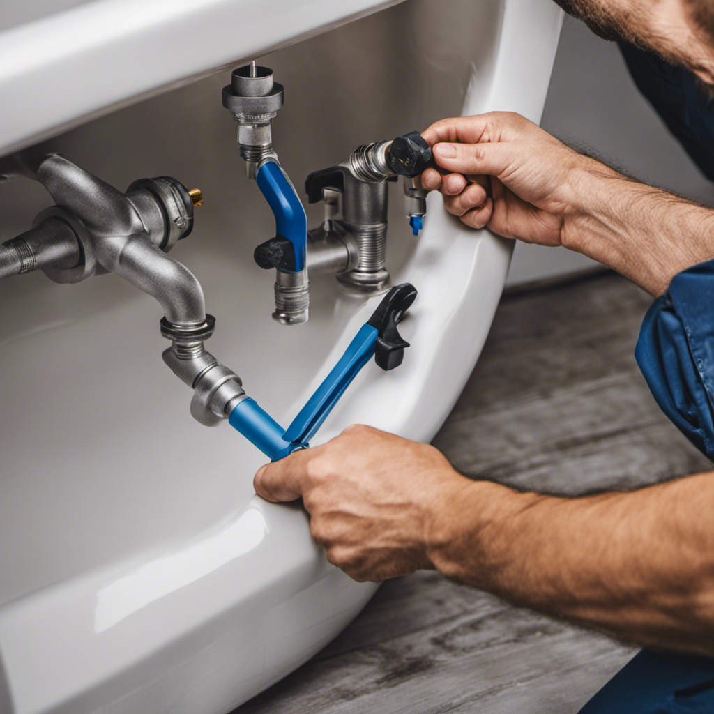 An image showcasing a step-by-step guide on venting a bathtub: a close-up of a plumber's hands installing a vent pipe under a tub, with arrows highlighting the process, and labeled tools nearby