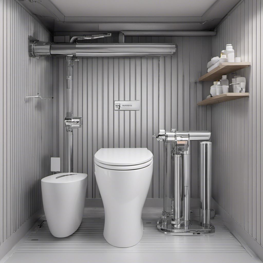 An image of a toilet with a clear, labeled diagram showcasing a side view of a toilet installation, revealing a clever alternative venting method that avoids penetrating the roof, with arrows indicating the path of the venting system