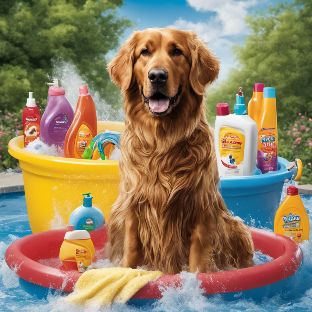 An image capturing the process of washing a large dog outdoors