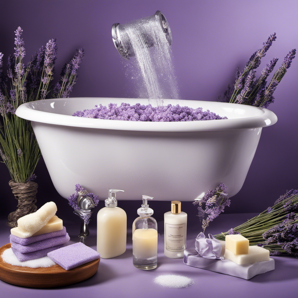 An image depicting a pair of gloved hands gently scrubbing a sparkling white bathtub with a soft sponge, surrounded by a foamy layer of lavender-scented soap bubbles, with water cascading from the faucet