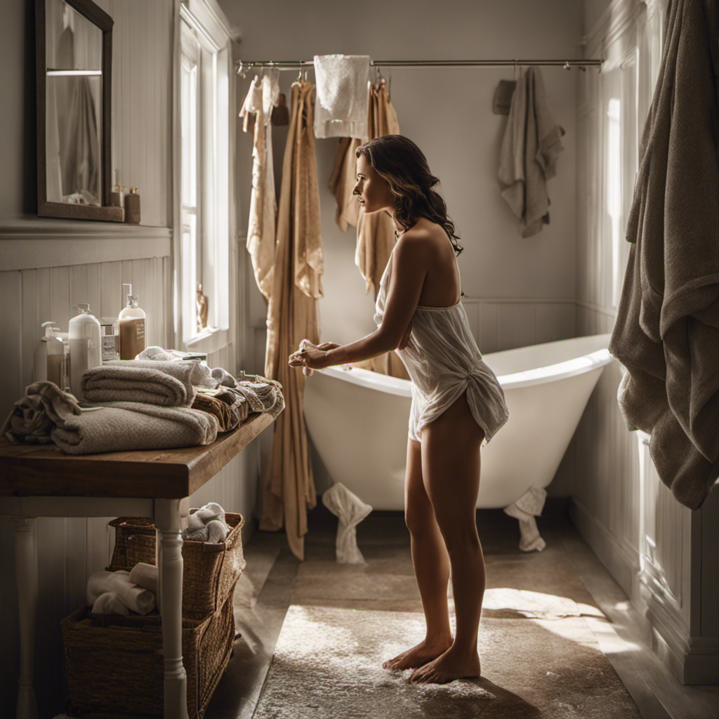 An image showcasing a woman standing barefoot in a well-lit bathroom, as she gently agitates clothes in a bathtub filled with soapy water, surrounded by hanging garments and a towel rack
