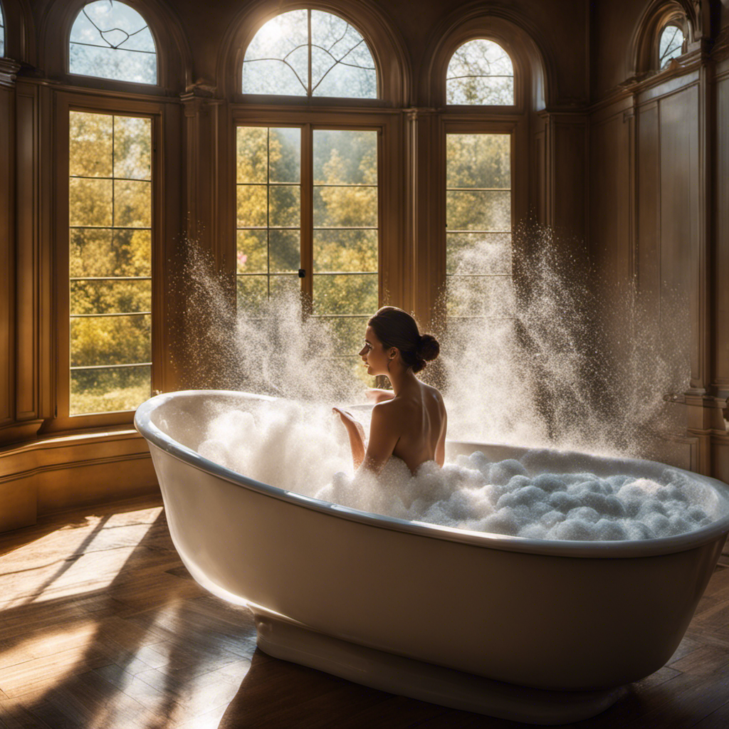 Nt image showcasing a person standing beside a filled bathtub, gently swirling a large, fluffy comforter in soapy water