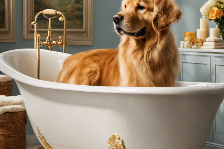 An image depicting a serene bathroom scene: a large, white bathtub filled with warm, soapy water, a fluffy golden retriever, wagging its tail, standing patiently as its owner gently lathers its coat with a soft brush