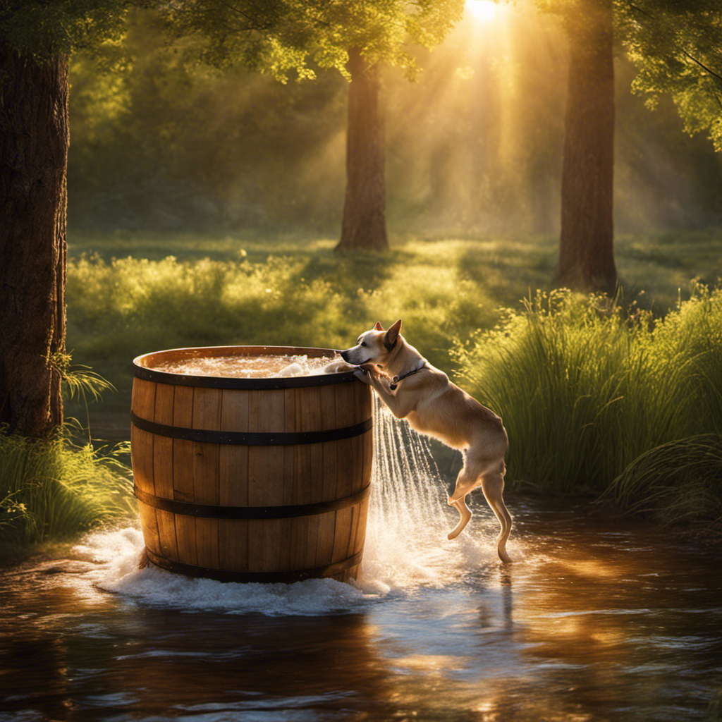 An image showcasing a serene outdoor scene with a dog happily being washed in a large, wooden barrel filled with warm, soapy water