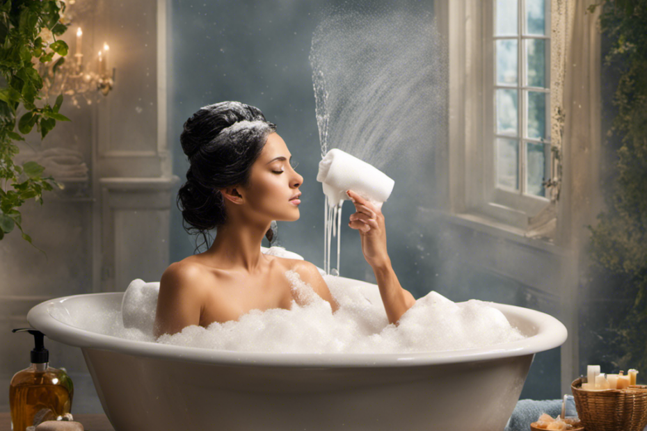 An image showcasing a serene bathtub scene: a person with wet hair, lathering it with shampoo, water cascading down their face as they rinse, surrounded by shampoo bottles, a towel, and a loofah