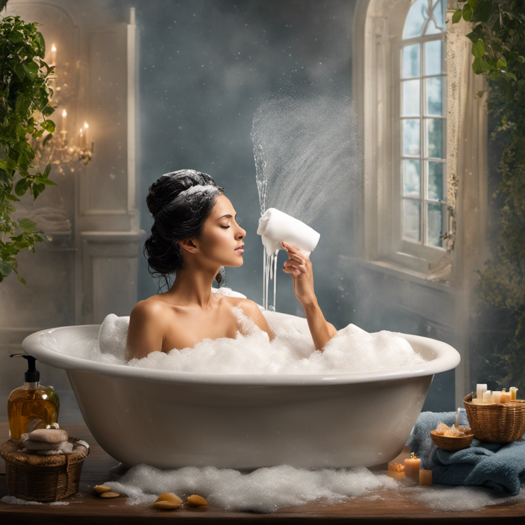 An image showcasing a serene bathtub scene: a person with wet hair, lathering it with shampoo, water cascading down their face as they rinse, surrounded by shampoo bottles, a towel, and a loofah