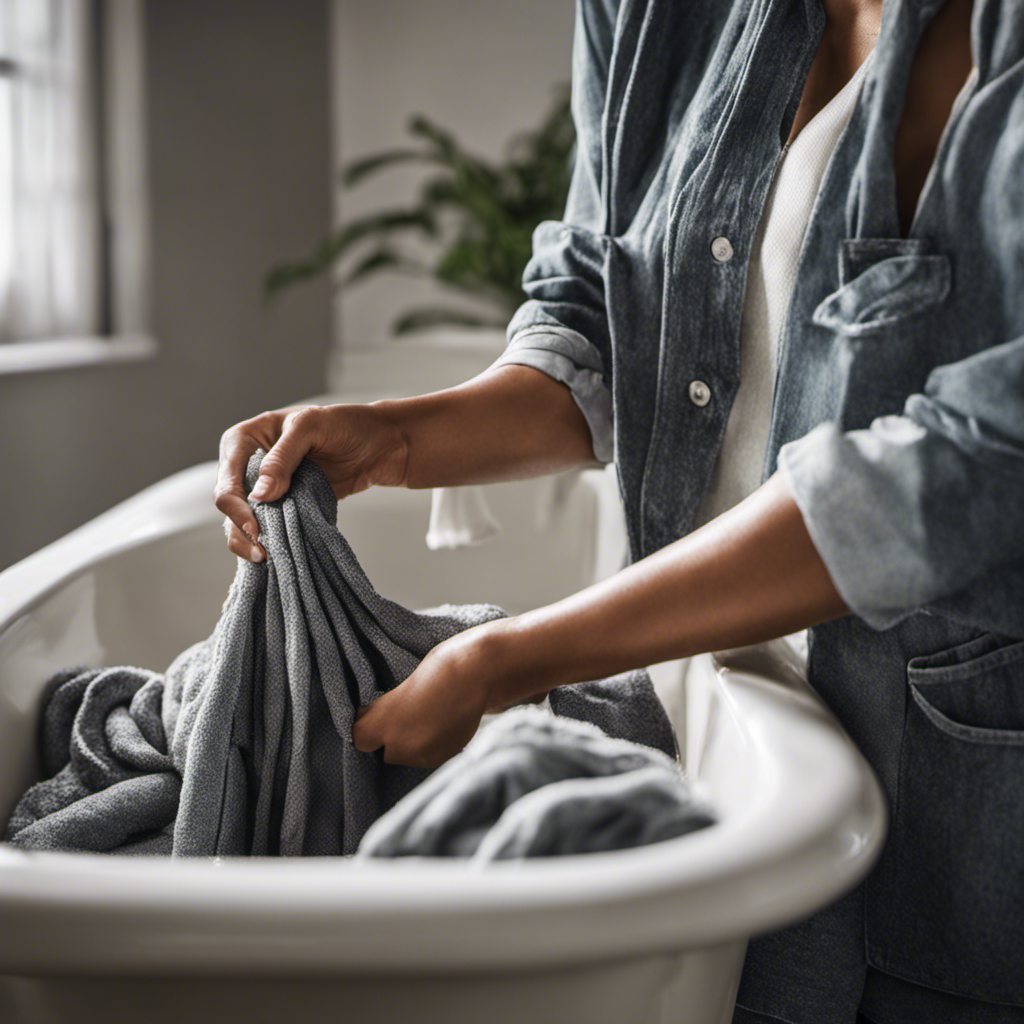 An image showcasing a pair of hands gently scrubbing clothes in a filled bathtub