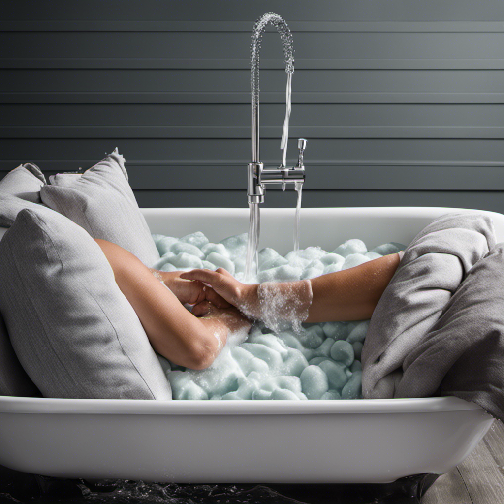 An image capturing the step-by-step process of washing pillows in a bathtub: a pair of hands gently squeezing out soapy water from a pillow, while another softens the pillow under a cascading stream of clean water