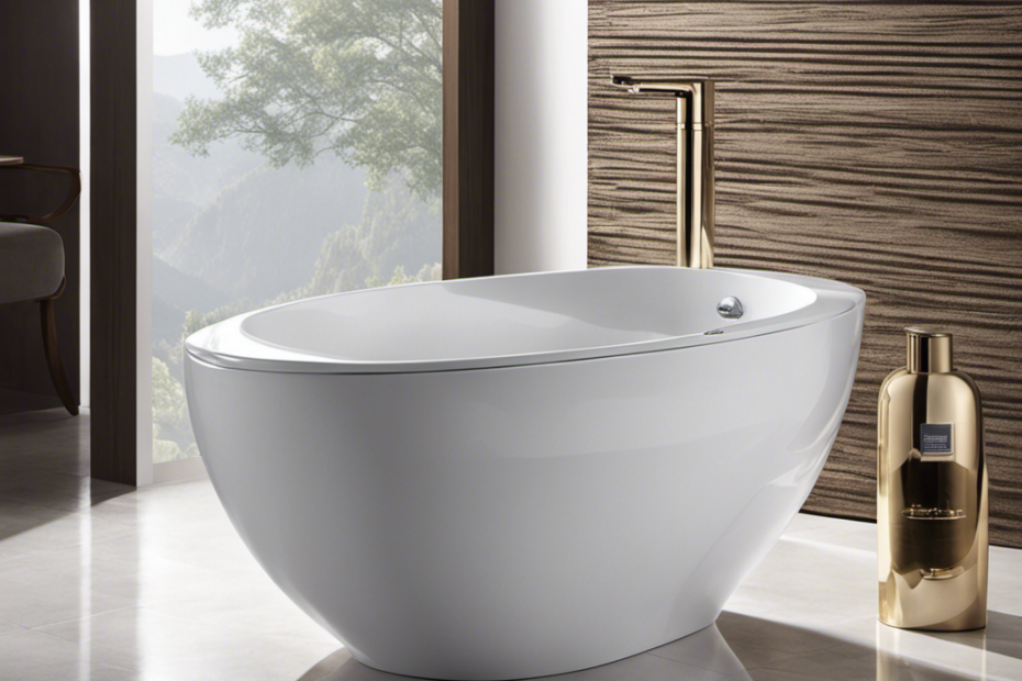 An image showcasing a sparkling white toilet bowl, gleaming under the gentle glow of soft natural light