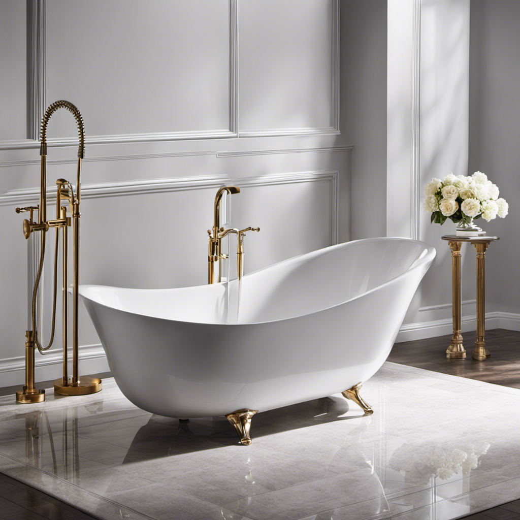 An image showcasing a sparkling white fiberglass bathtub being meticulously scrubbed with a cleaning solution, revealing its original luster