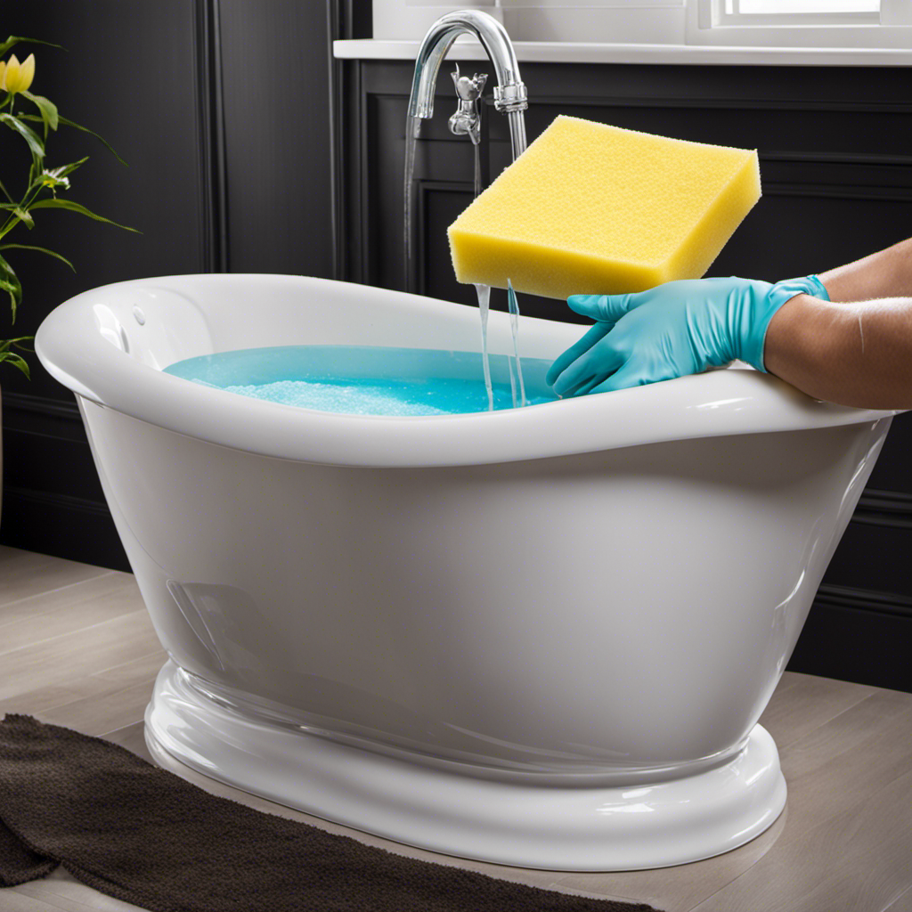 An image showcasing a gloved hand gently scrubbing a stained acrylic bathtub with a sponge, while a foaming solution specially formulated for whitening is poured onto the surface