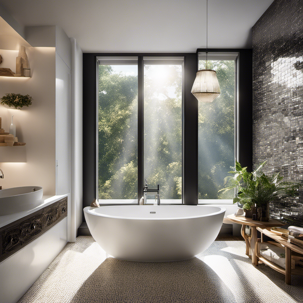 An image showcasing a sparkling white bathtub, surrounded by gleaming tiles, as sunlight streams through a nearby window, accentuating the pristine cleanliness