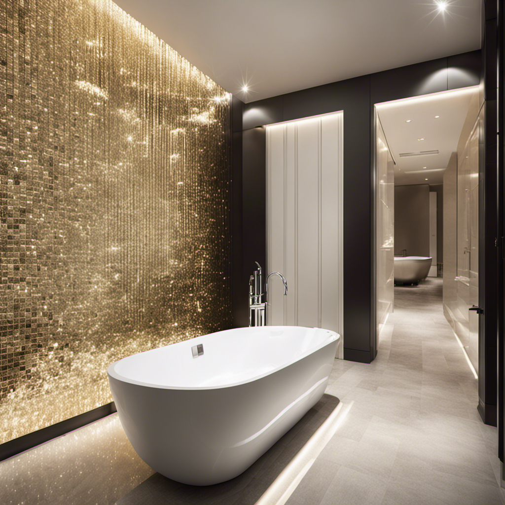 An image showcasing a sparkling white bathtub surrounded by gleaming tiles, with a pair of gloved hands applying a thick layer of powerful whitening solution, illuminating the bathroom with a bright, fresh ambiance