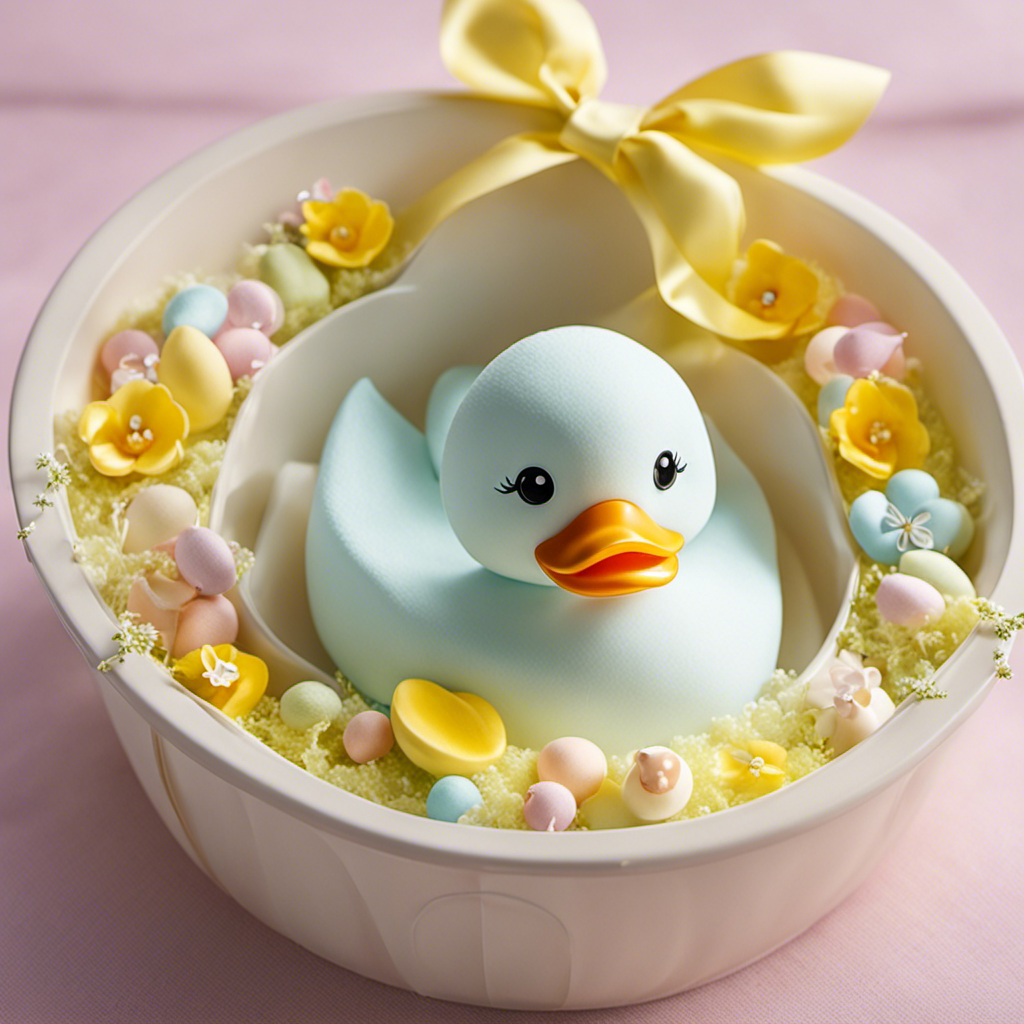 An image capturing the step-by-step process of wrapping a baby bathtub: delicately folding a soft, pastel-colored towel around its curved shape, securing it with a satin ribbon, and adding a charming rubber duck as a final touch