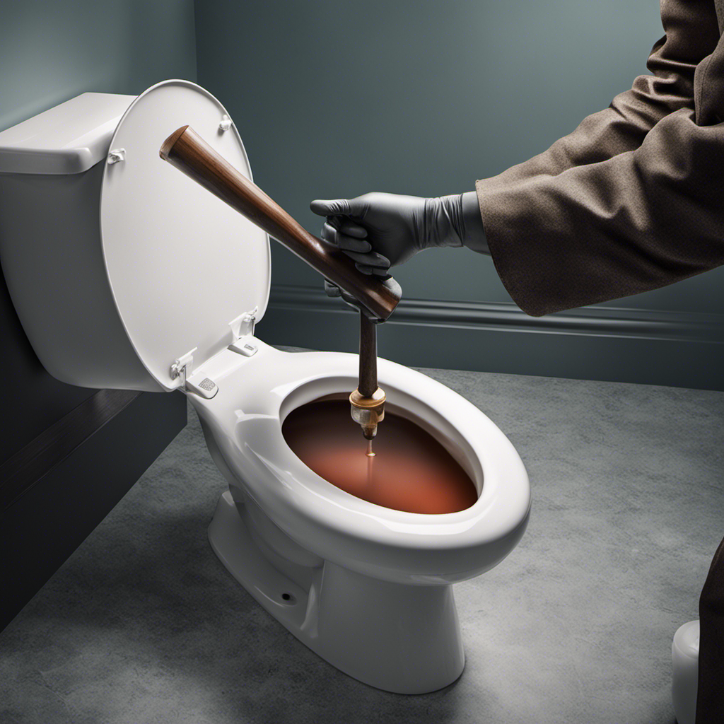 An image that showcases a pair of gloved hands holding a plunger, positioned over a clogged toilet