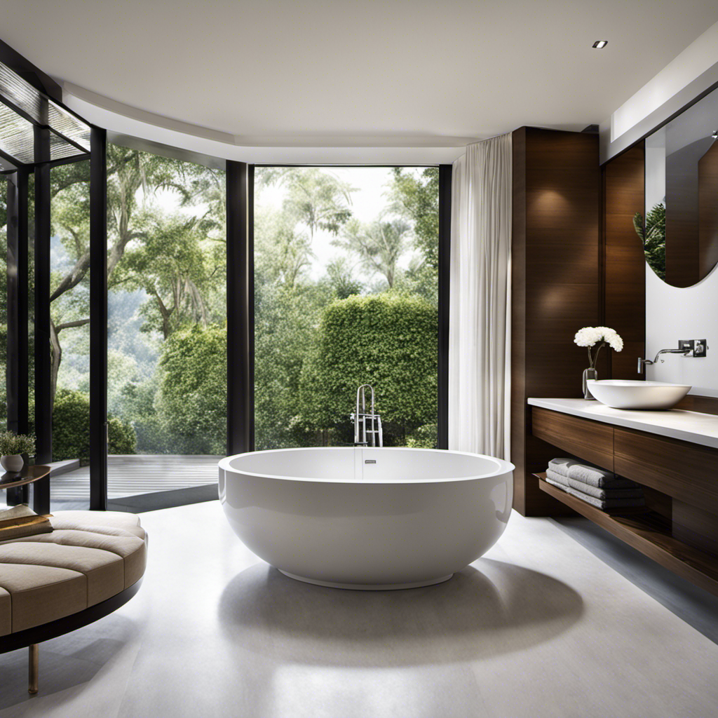 An image that showcases a spacious bathroom with a luxurious, oval-shaped bathtub, wide enough to comfortably fit two people side by side
