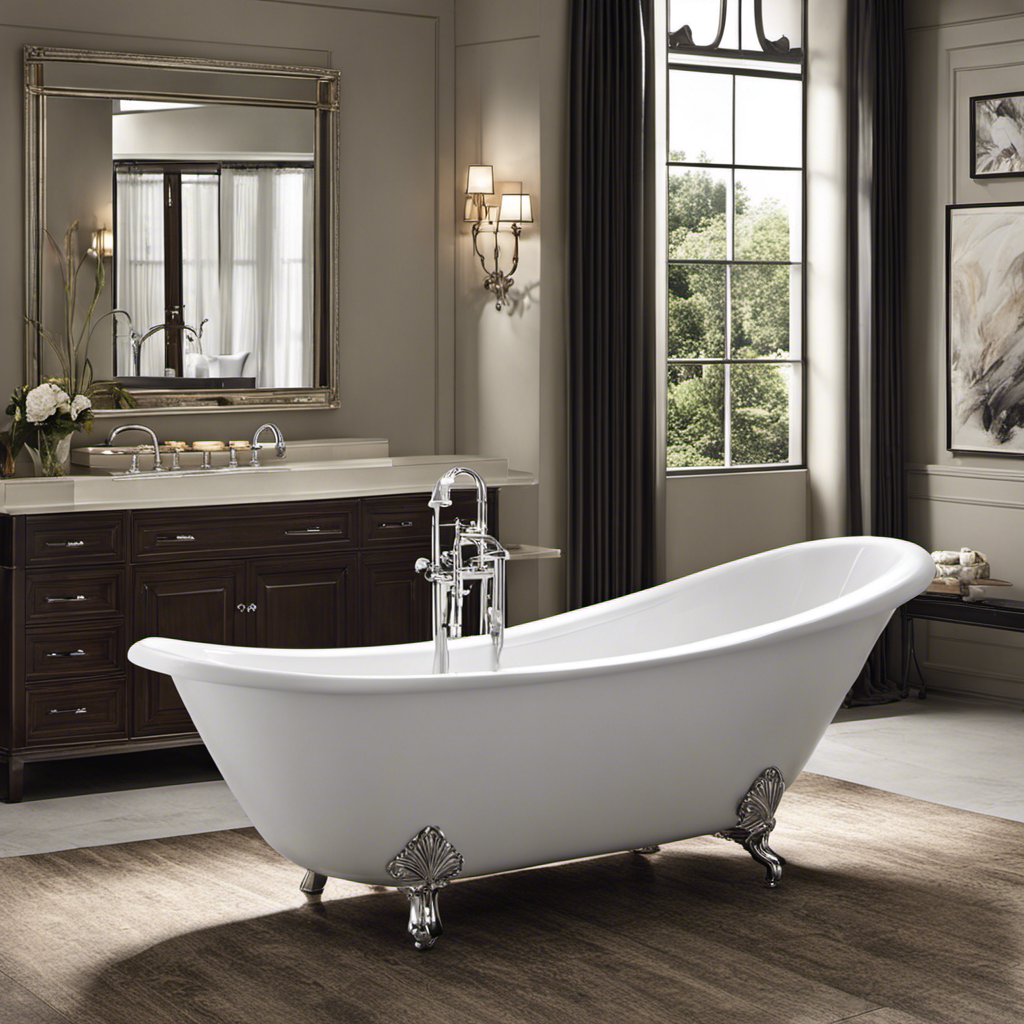 An image showcasing a spacious bathroom with a standard-sized bathtub