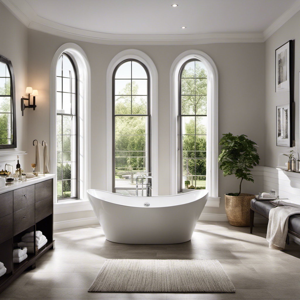 An image showcasing a spacious bathroom with a sleek, white, rectangular bathtub