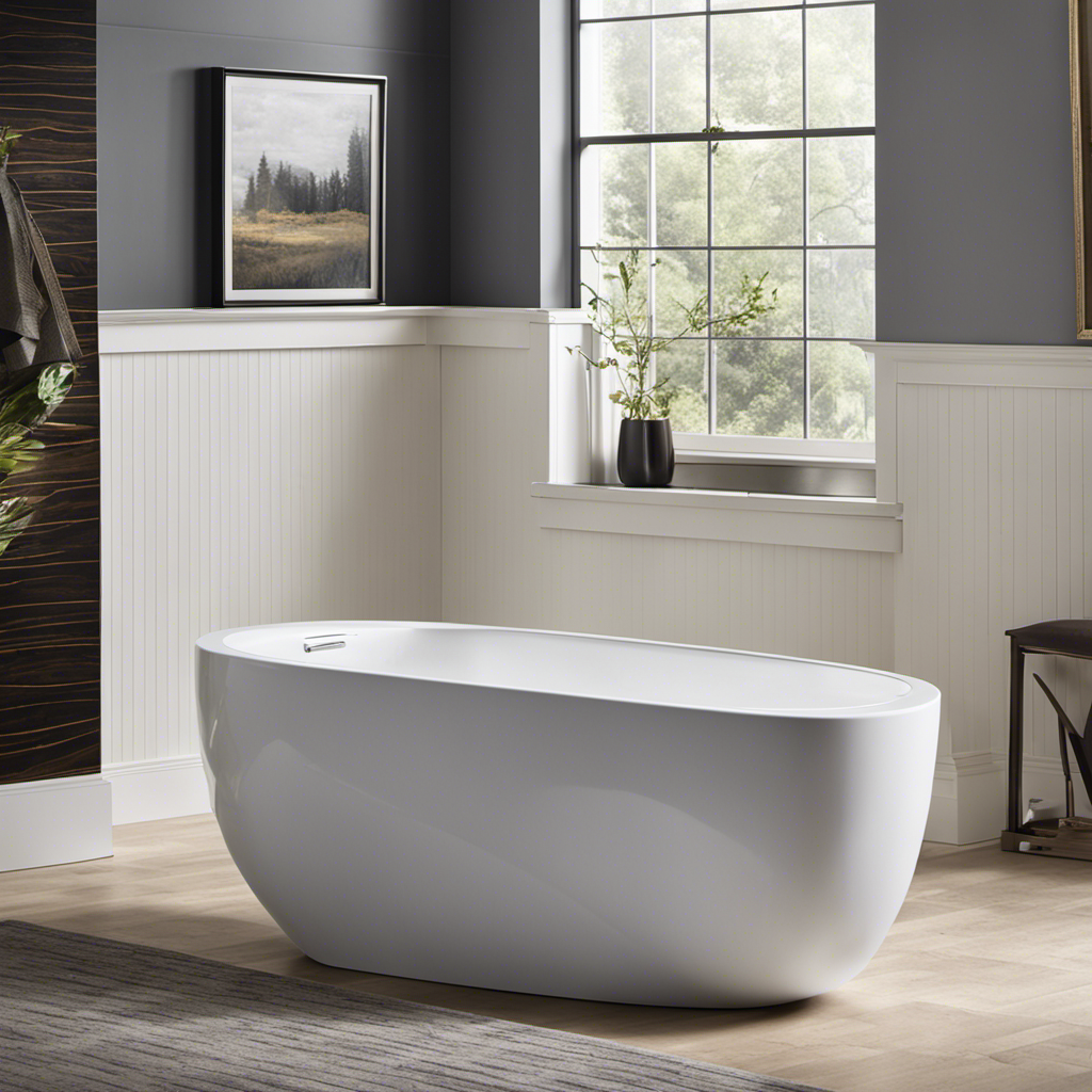 An image showcasing a close-up view of a standard toilet tank, highlighting its width through precise dimensions, sleek edges, and visible waterline, inviting readers to explore the dimensions of this essential bathroom fixture