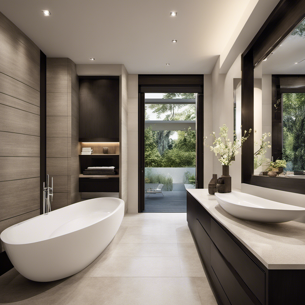 An image showcasing a spacious bathroom with a sleek, rectangular bathtub