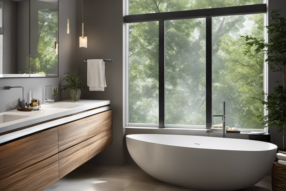 An image showing a modern bathroom with a large window, showcasing a gentle breeze flowing in, while a sleek exhaust fan silently removes moisture, ensuring fresh air and preventing mold and mildew