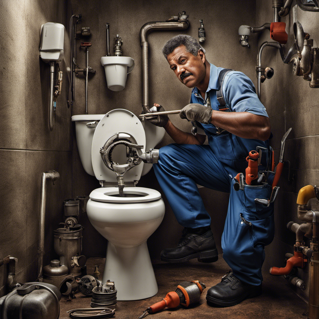 An image showcasing a skilled plumber holding various tools while repairing a toilet