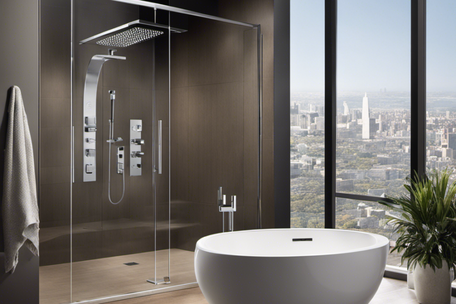 An image showcasing a sleek, modern bathroom with a smart showerhead that adjusts water temperature and flow through intuitive touch controls, while a motion-sensing toilet flushes with minimal water usage