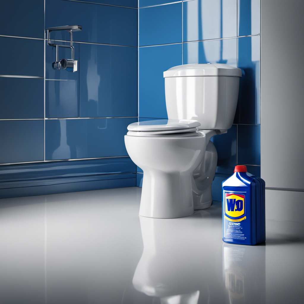 An image showing a close-up of a sparkling clean toilet bowl, with a blue WD-40 canister placed next to it