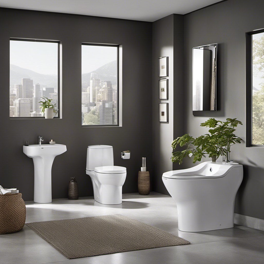An image showcasing two sleek, modern toilets side by side, one representing the Kohler Highline with its elegant curves and the other embodying the TOTO Drake's minimalist design, evoking a sense of sophistication and durability