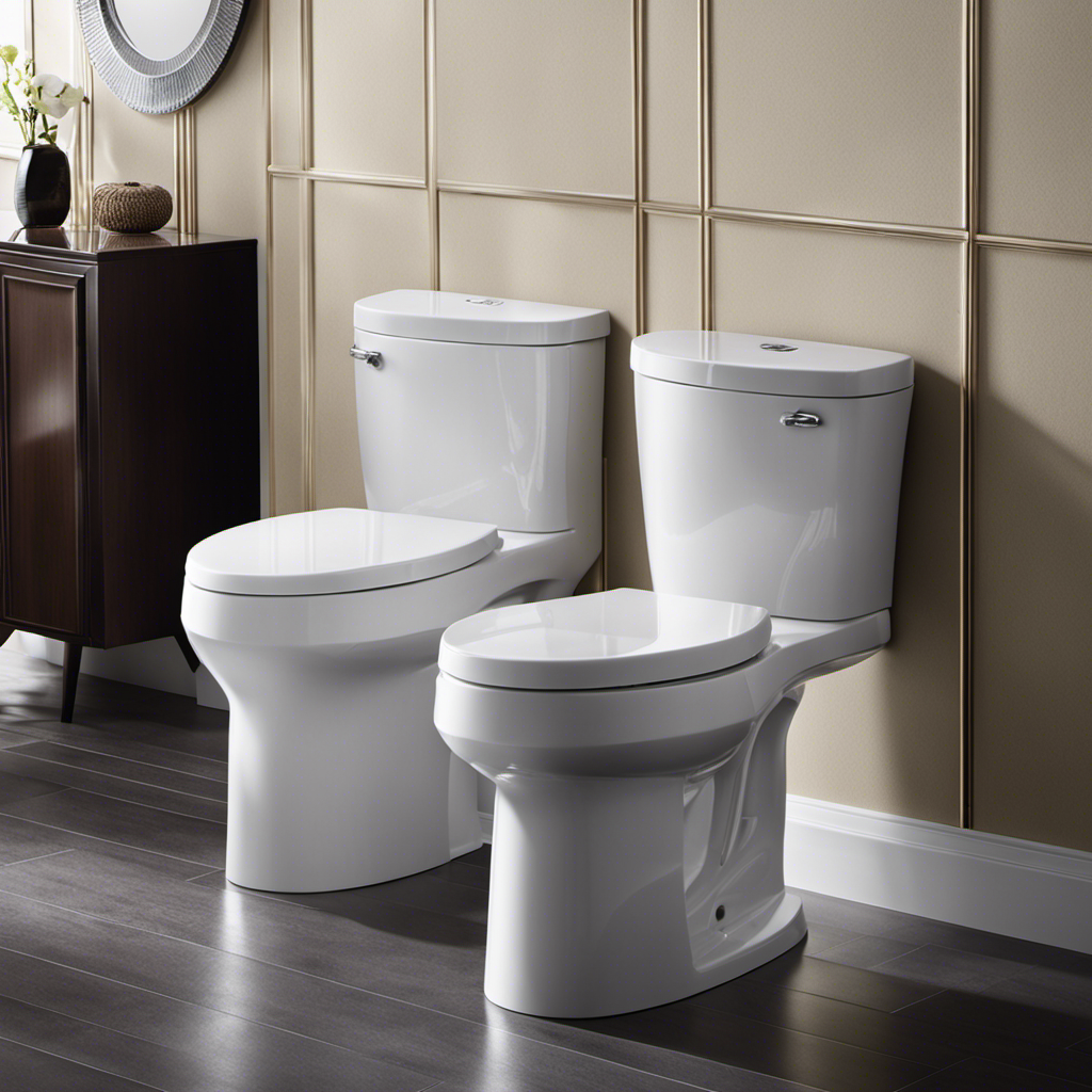An image showcasing two sleek, modern one-piece toilets side by side - the Kohler Santa Rosa and the Toto Ultramax II