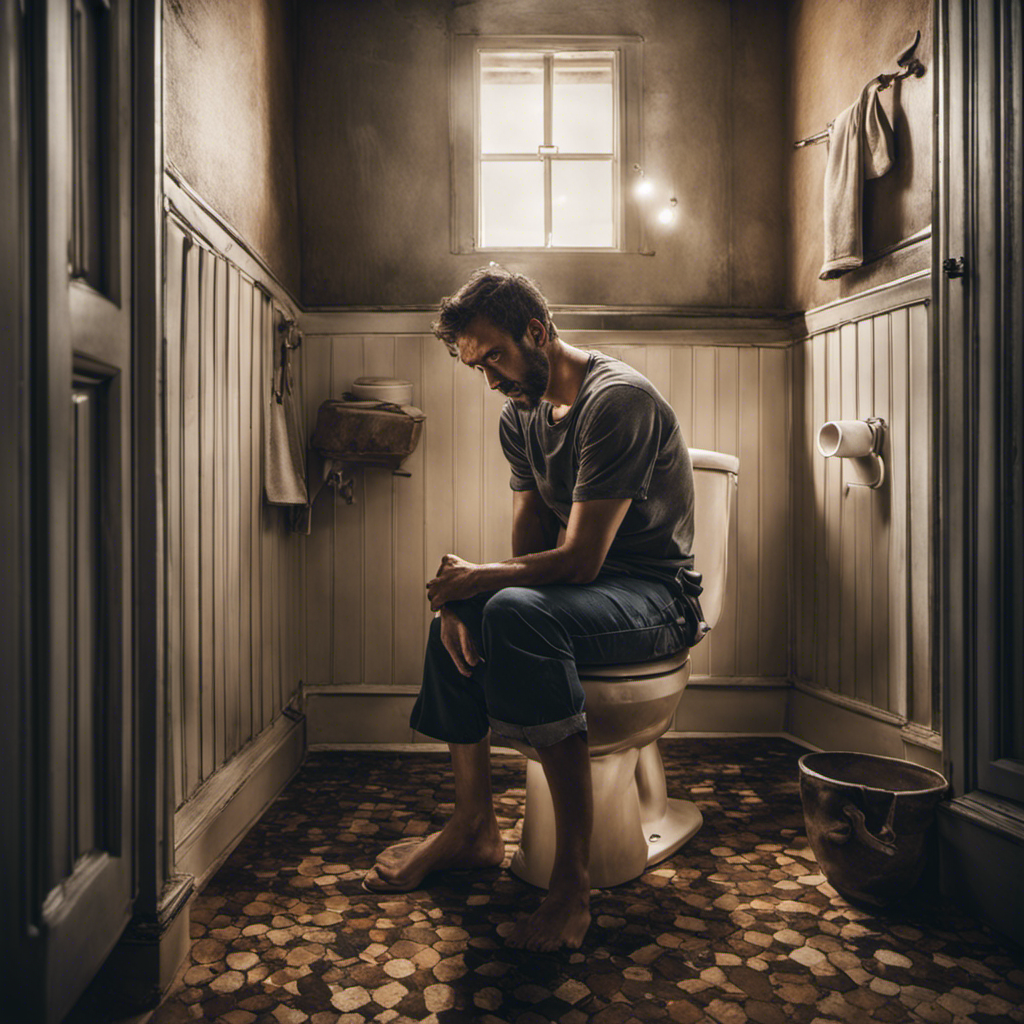 An image of a person sitting on a toilet, their legs crossed and numb, with a pained expression