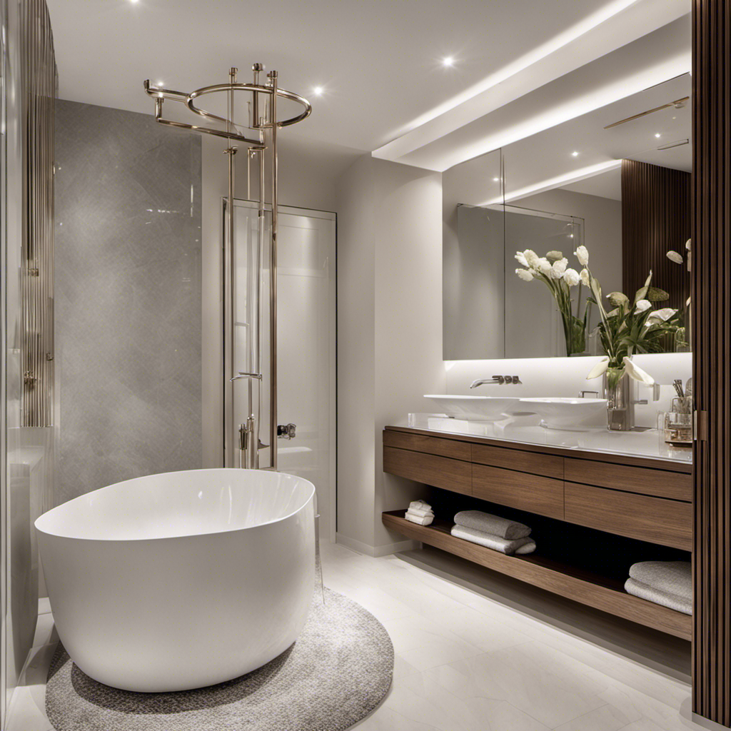 An image showcasing a spacious, elegantly designed bathroom with a gleaming towel warmer mounted on the wall