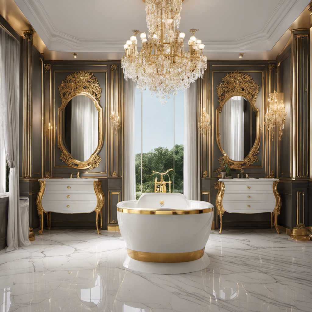 An image that showcases a stylish bathroom with a gleaming gold toilet seat embellished with intricate patterns, exuding opulence and durability, complemented by a backdrop of elegant marble walls and a chandelier