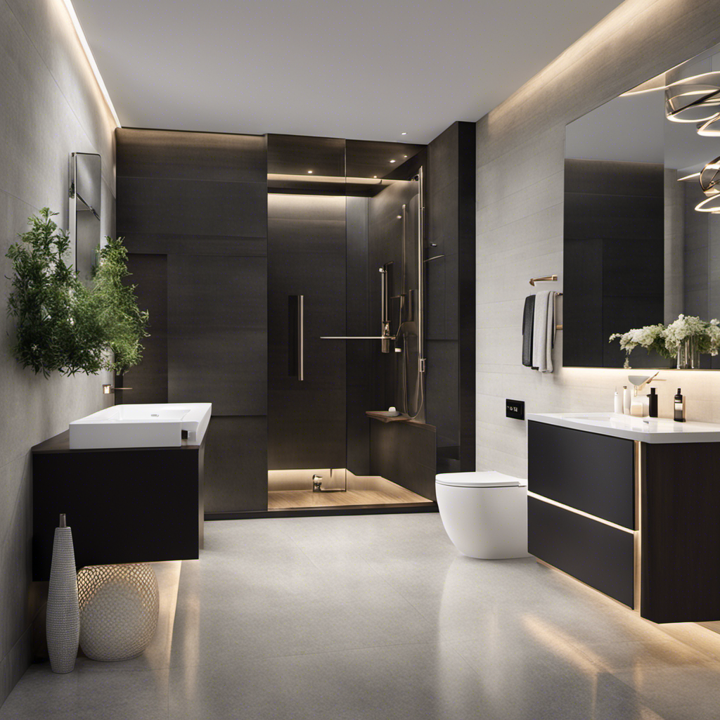 An image showcasing a sleek, modern bathroom with a Mansfield toilet as the centerpiece