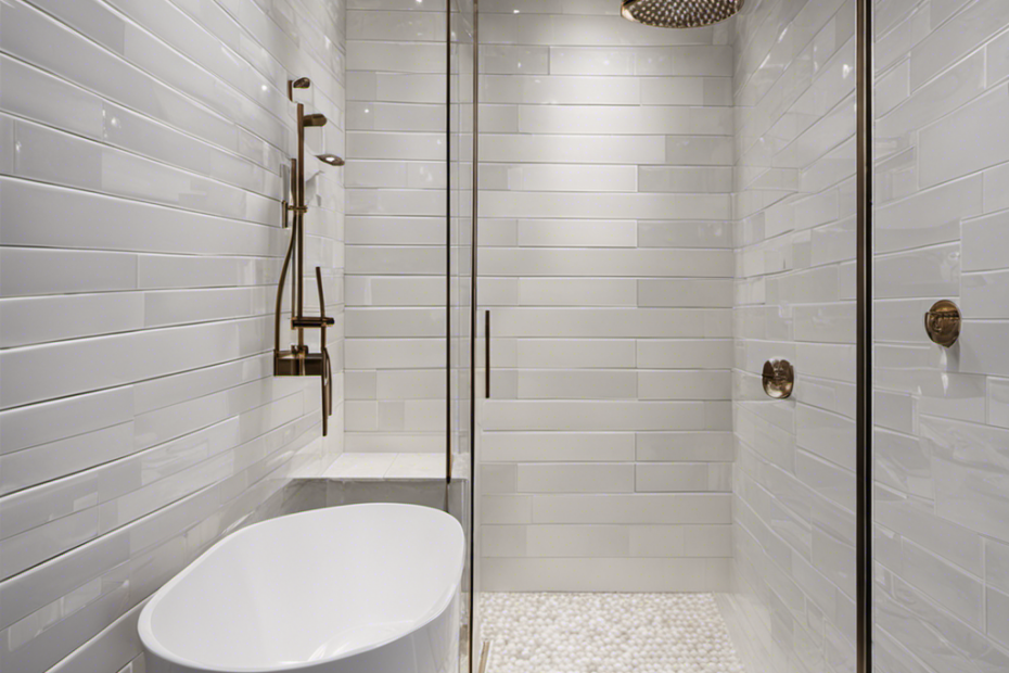 An image showcasing a shower wall covered in an exquisite arrangement of glossy white subway tiles, interspersed with accents of shimmering mosaic tiles