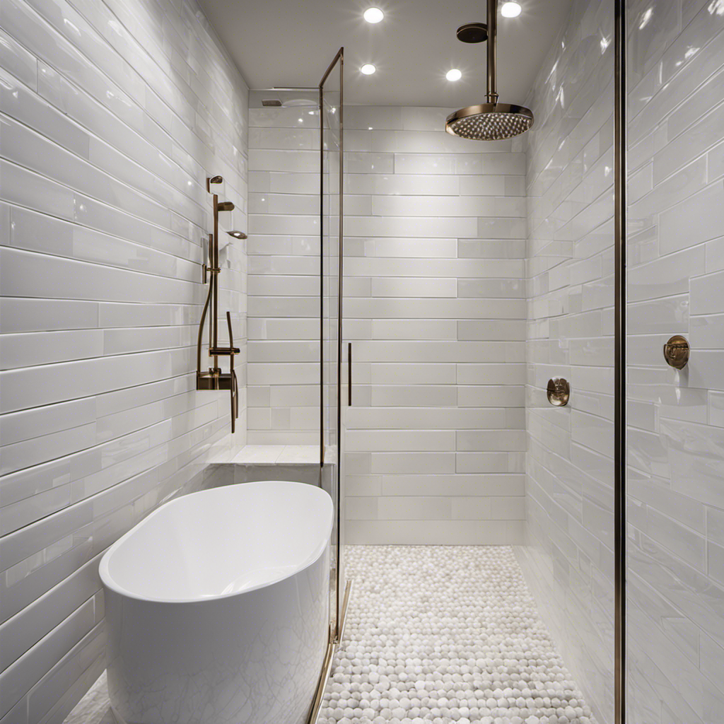 An image showcasing a shower wall covered in an exquisite arrangement of glossy white subway tiles, interspersed with accents of shimmering mosaic tiles