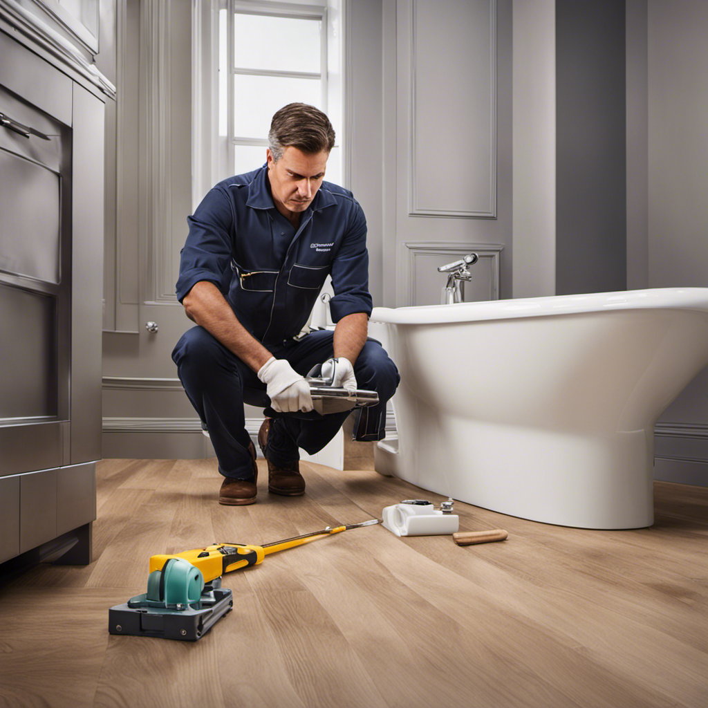 An image showcasing a plumber skillfully measuring and marking the precise rough-in dimensions on a bathroom floor